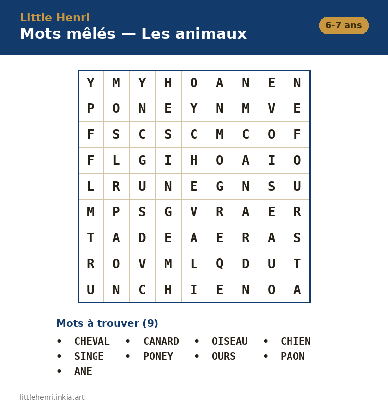 Mots mêlés — Les animaux